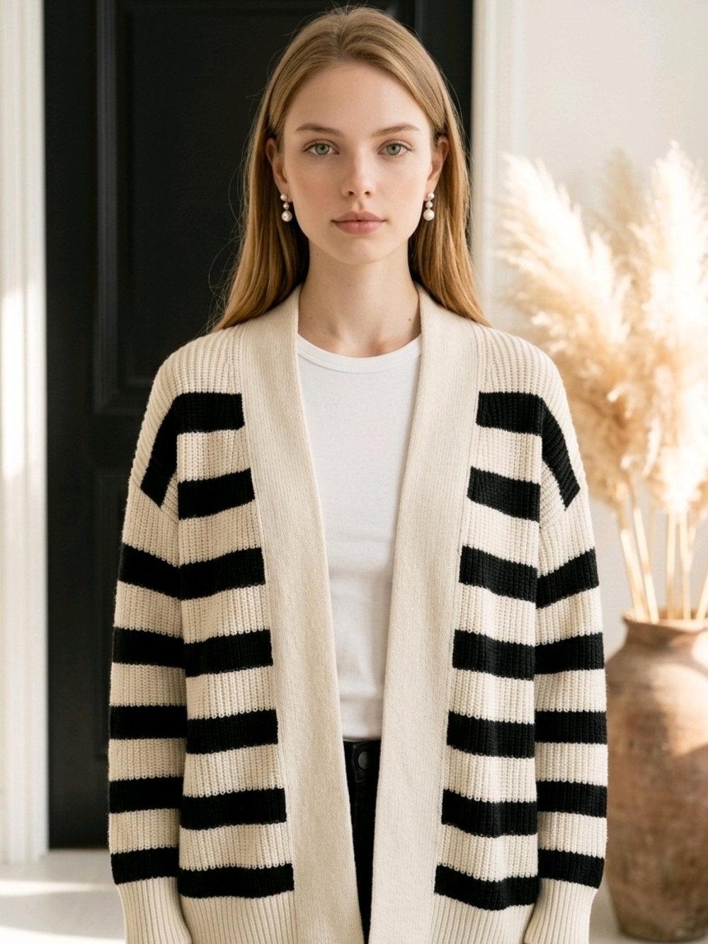 Universal Thread Cream and Black Striped Open Cardigan Sz XS